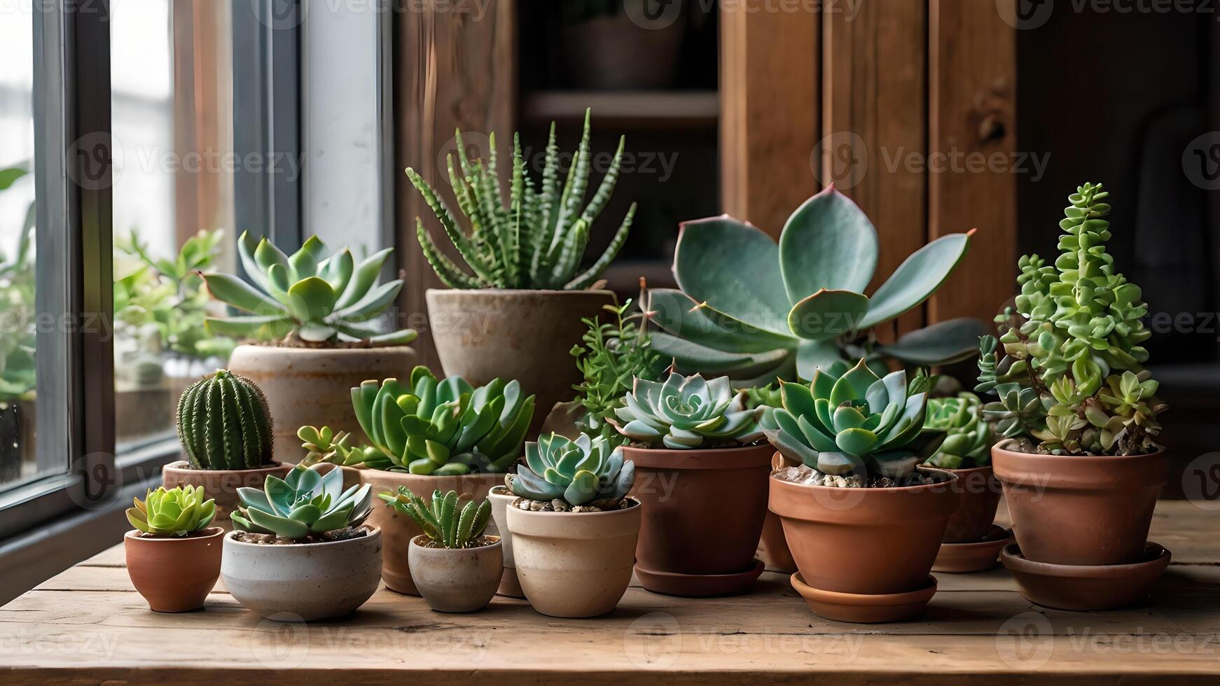 An array of diverse succulents and cacti in various pots, displayed on a wooden table by a window, creating a vibrant indoor garden scene. photo