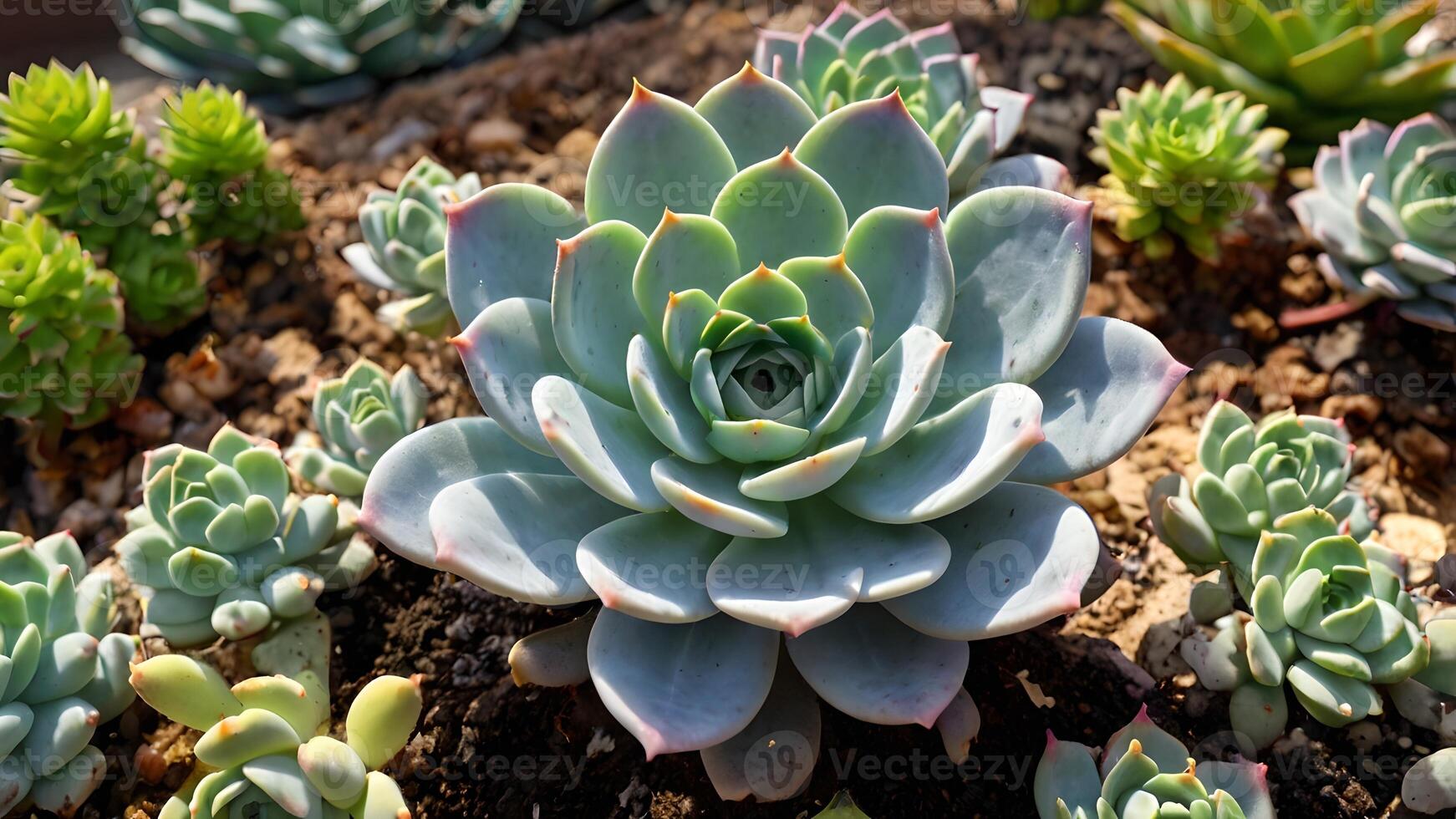 A vibrant array of succulents with a prominent pale blue Echeveria in the center, surrounded by smaller green rosettes, all nestled in rich, dark soil under bright sunlight. photo