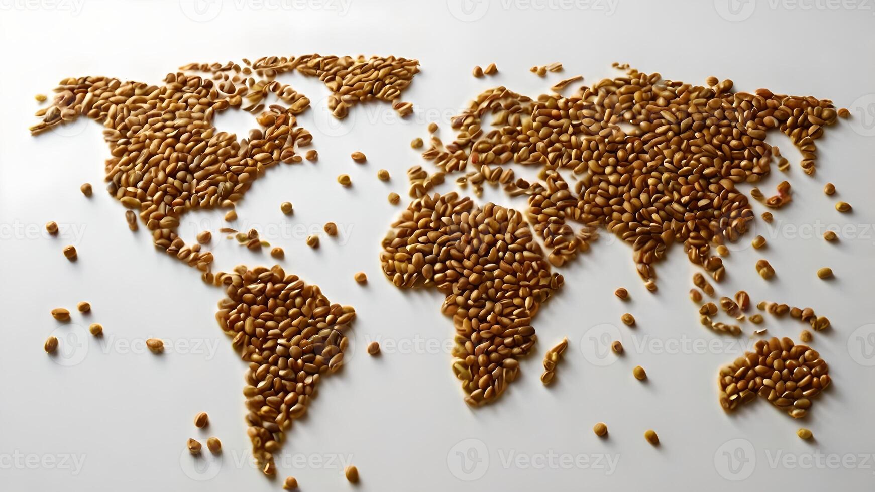 World map created with wheat seeds on a white background, symbolizing global agriculture and food distribution. photo