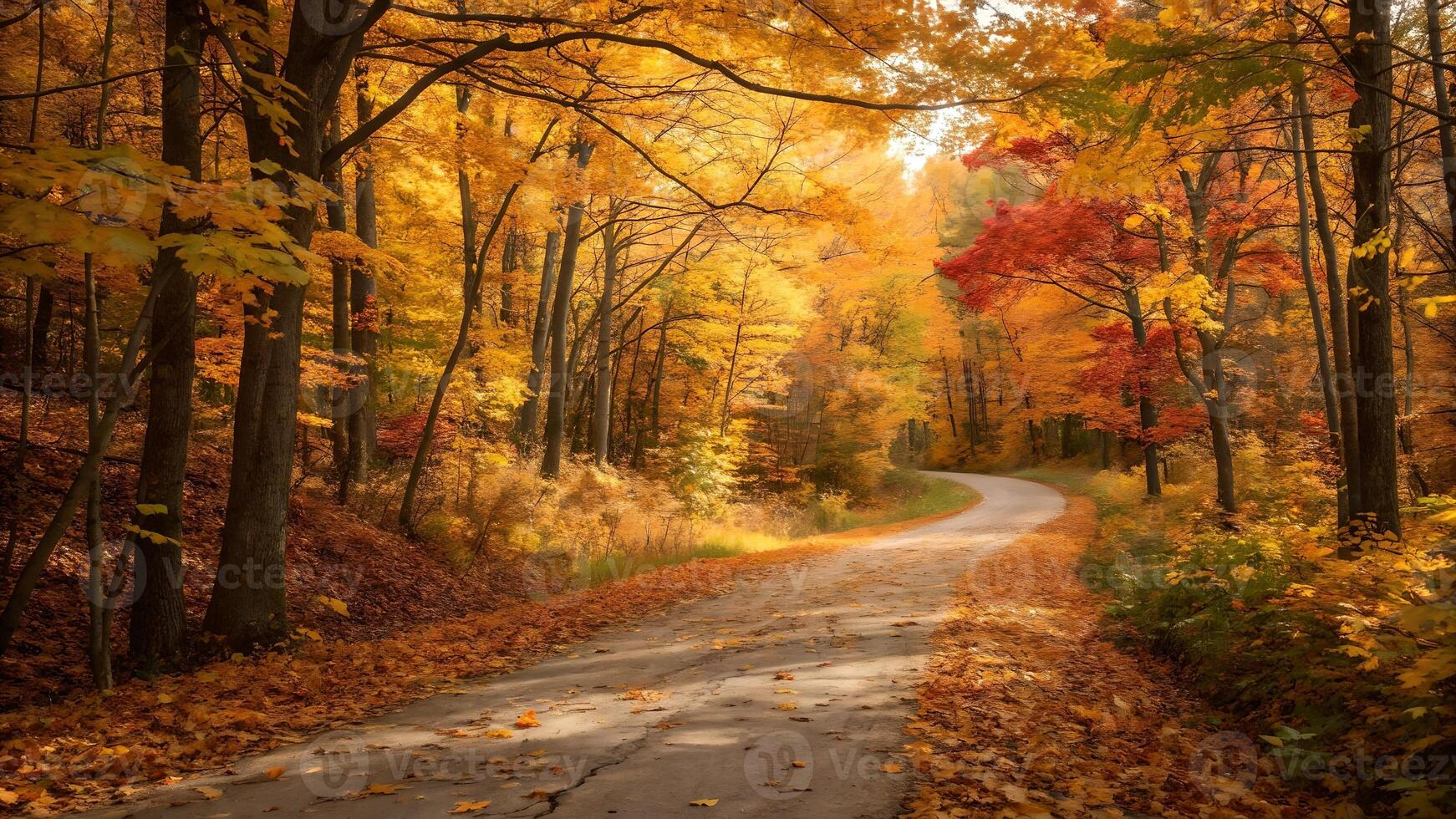 A winding road through a vibrant autumn forest with trees in shades of orange, yellow, and red, creating a picturesque and serene landscape. photo