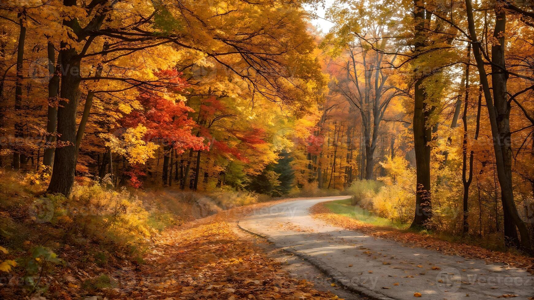 Winding road through a vibrant autumn forest with colorful leaves in shades of orange, red, and yellow creating a picturesque fall scene. photo