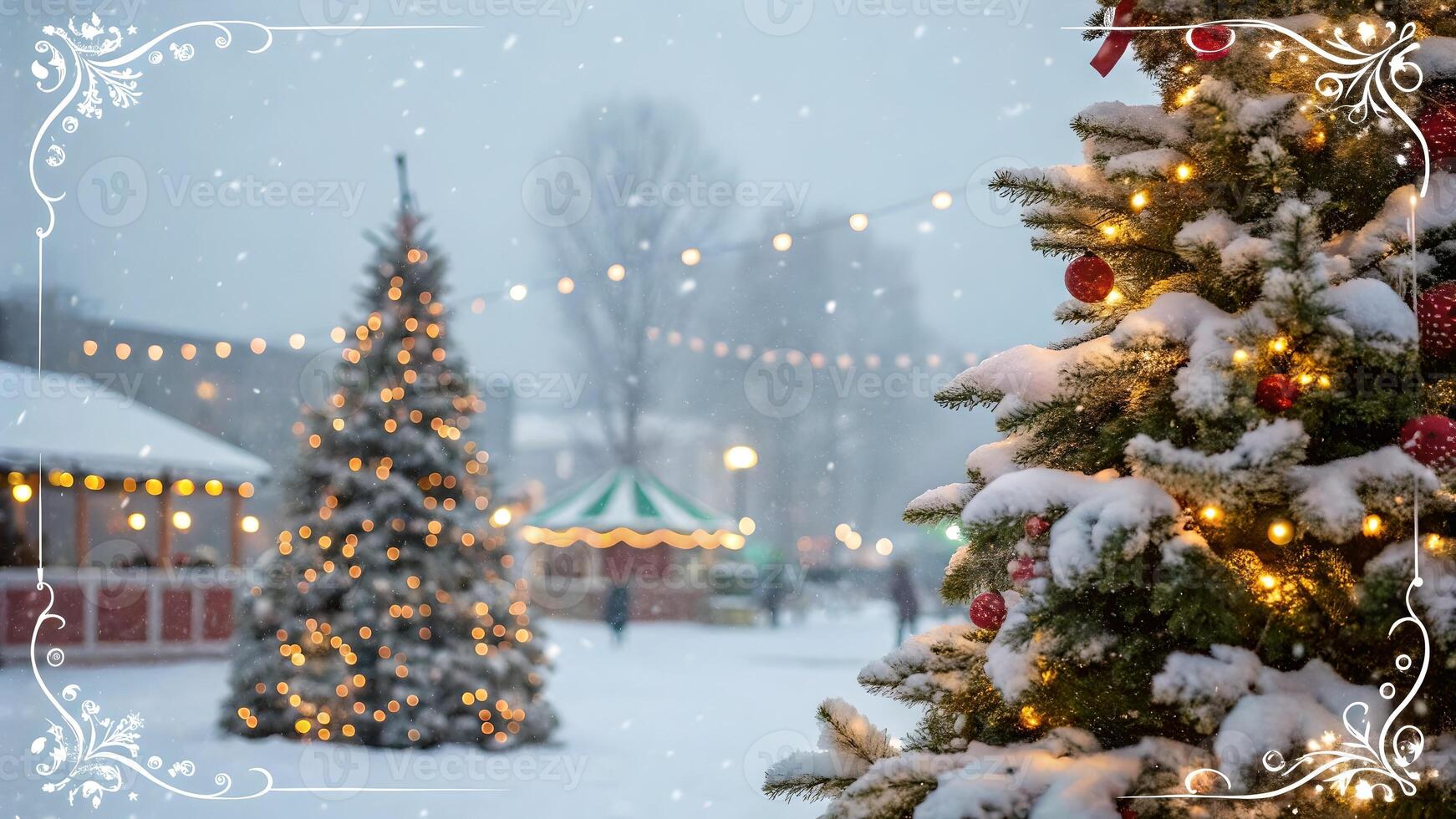 Snowy Christmas market scene with beautifully decorated trees, twinkling lights, and festive stalls under a gentle snowfall, capturing the holiday spirit. photo