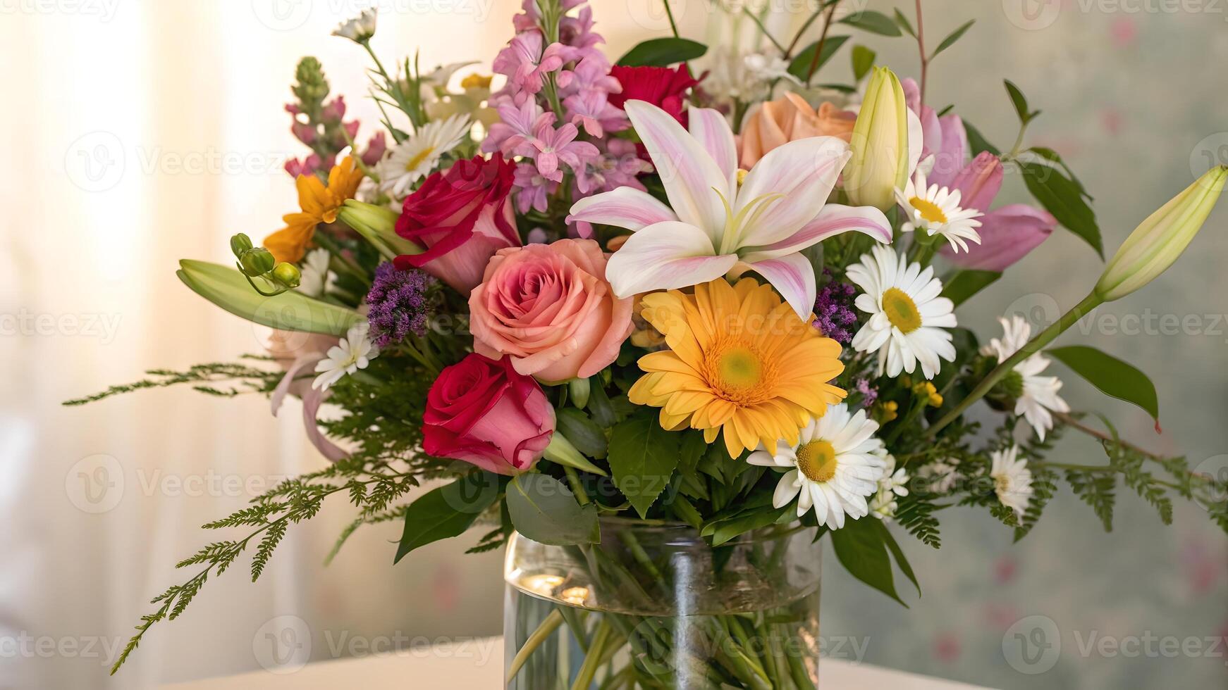 Vibrant Spring Flower Bouquet in Glass Vase floral spring photo