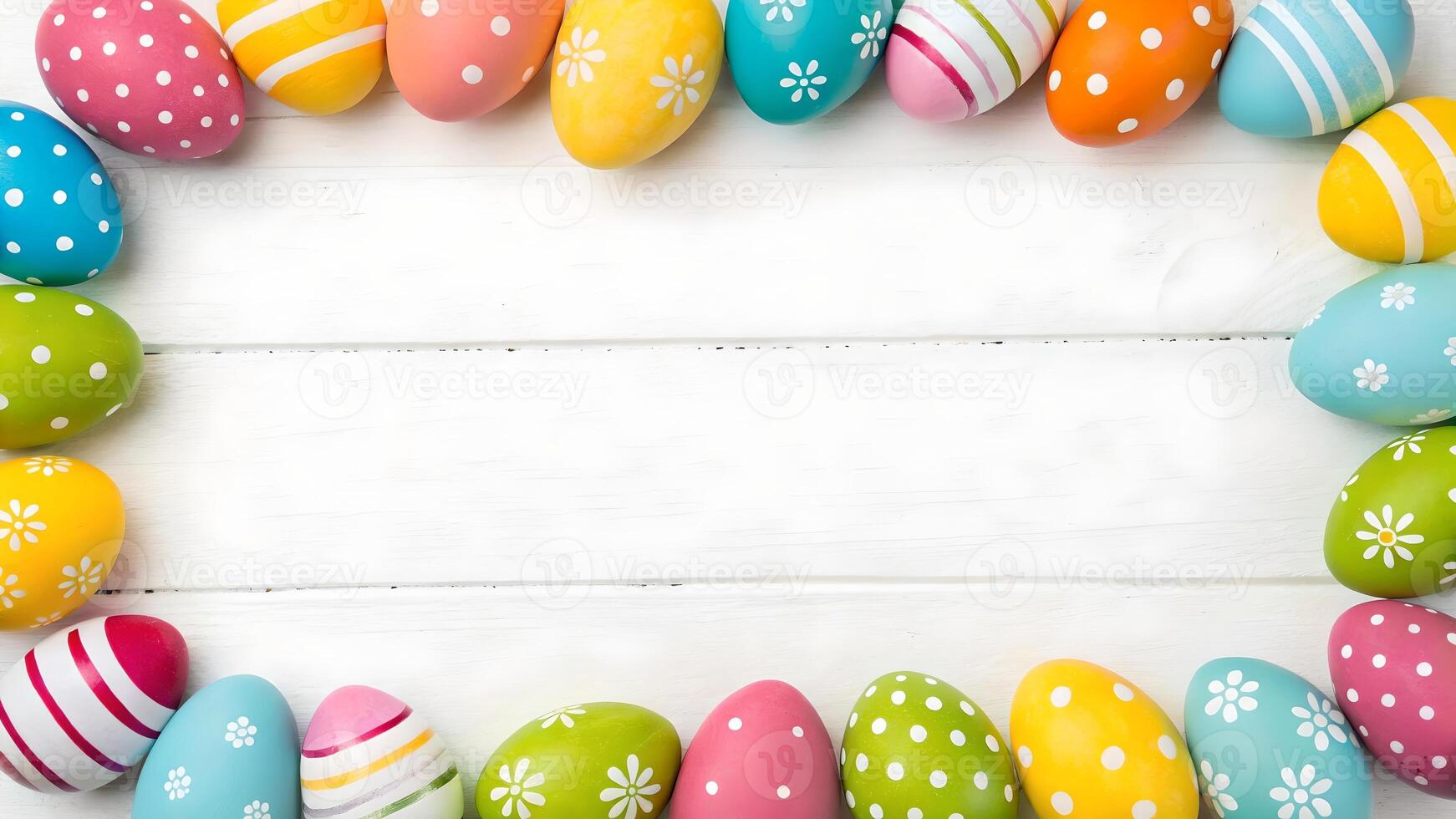 Colorful Easter Eggs Frame on White Wooden Background background photo