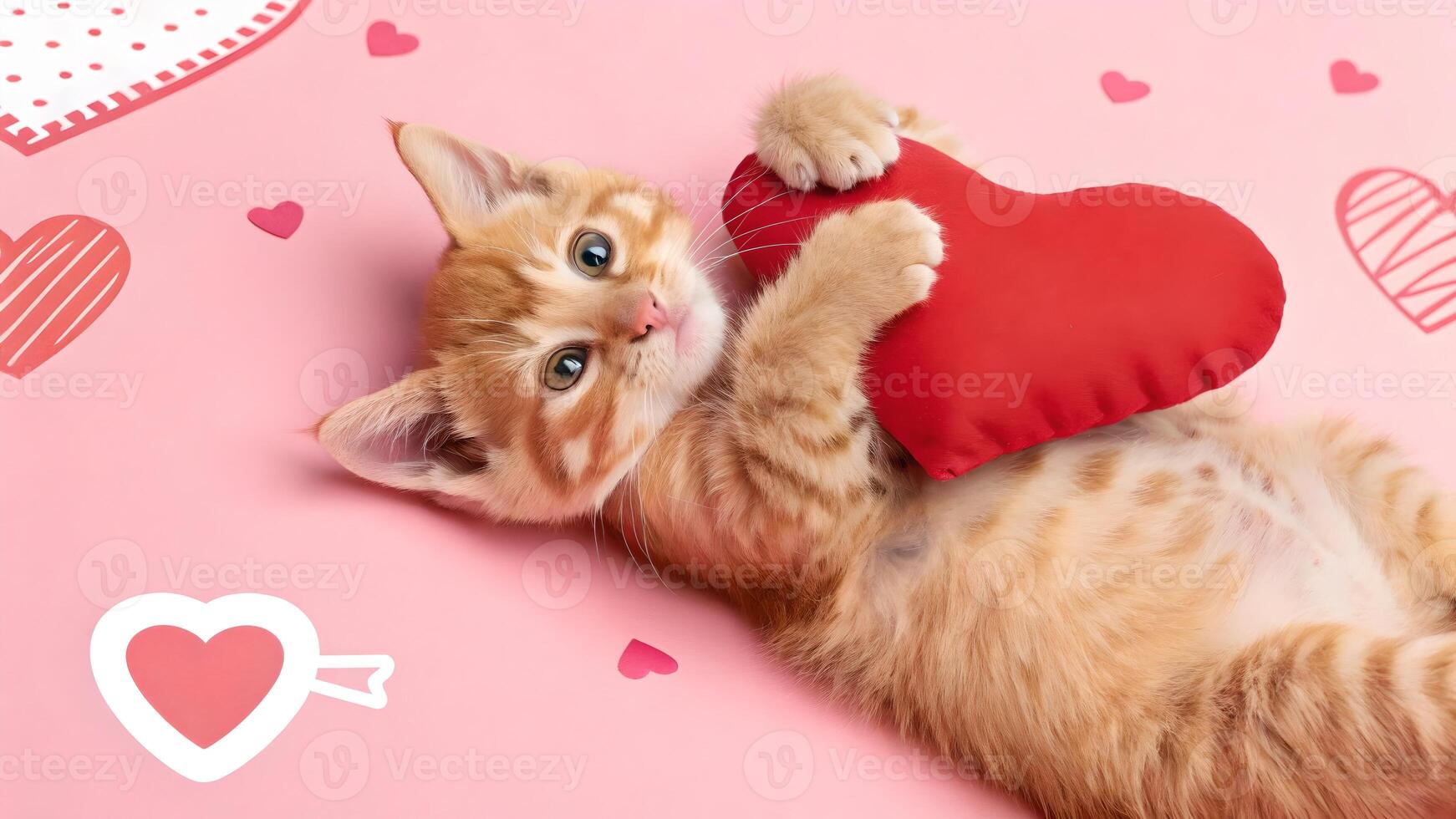 Cute Ginger Kitten Embraces Red Heart Toy on Pink Valentine Background photo
