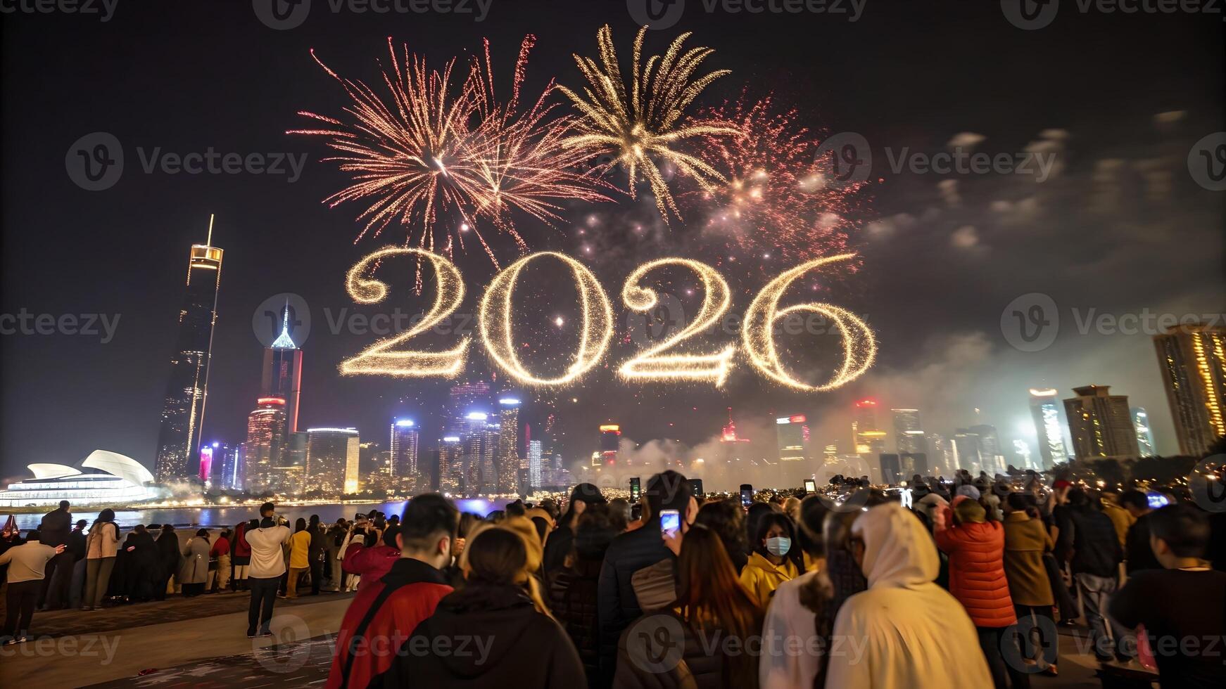 Crowds Gather to Witness Stunning 2026 Fireworks Display Over City Skyline, Marking the New Year with Vibrant Explosions of Light and Color. photo