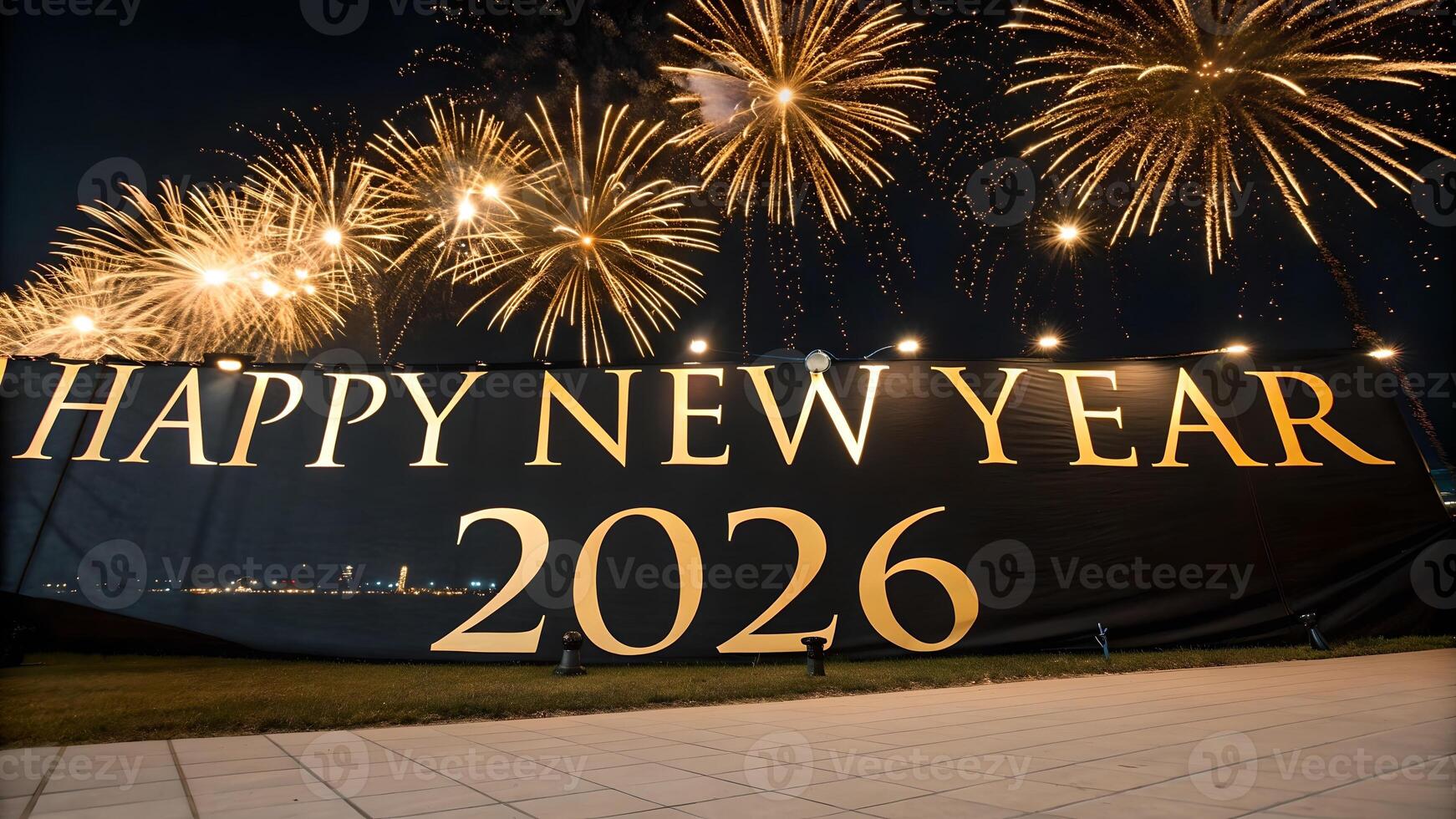 Golden fireworks explode in the night sky above a large banner reading Happy New Year 2026, capturing the celebratory spirit of the occasion. photo