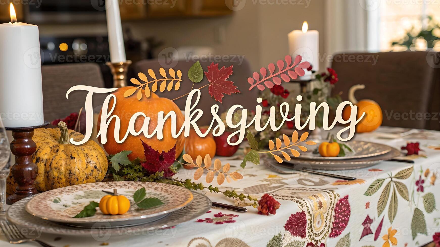 Thanksgiving Table Setting with Pumpkins and Candles holiday photo