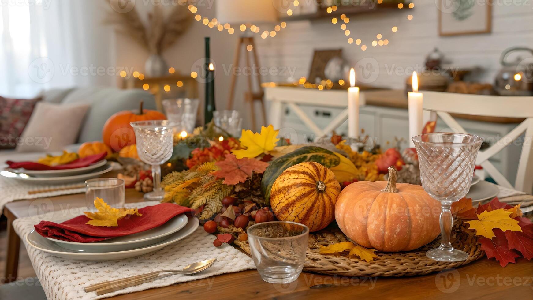 Autumn Thanksgiving Table Setting with Pumpkins and Candles thanksgiving photo