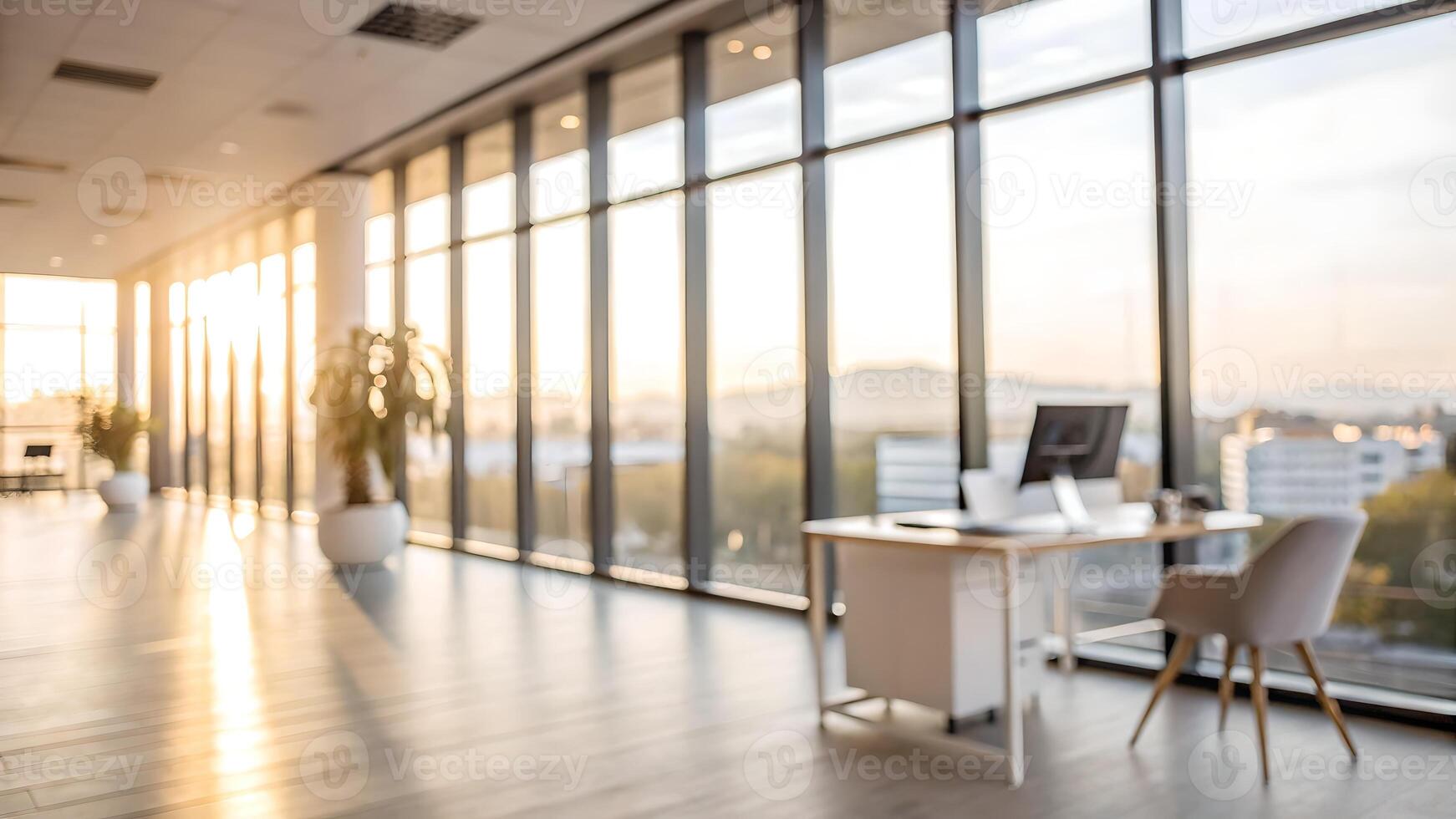 Modern office with large windows, wooden floors, and a desk overlooking a scenic cityscape at sunset, creating a serene and productive atmosphere. photo