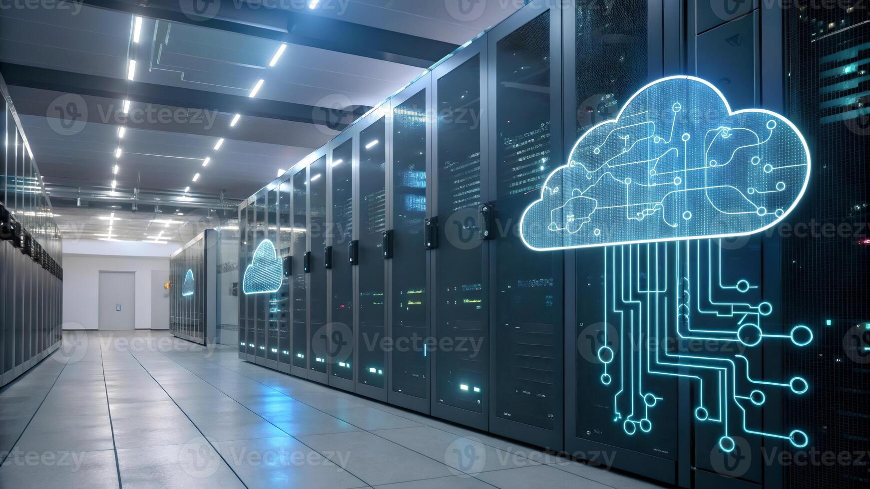 Modern data center with rows of servers and illuminated cloud symbols, showcasing advanced cloud computing technology and network connectivity. photo