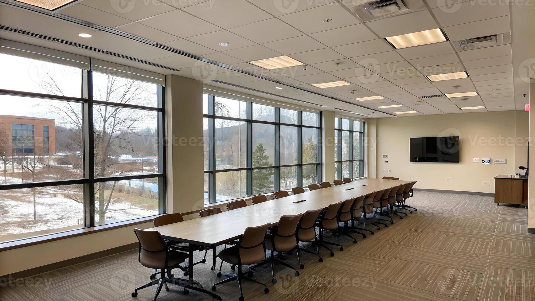Modern conference room with large windows overlooking a serene landscape, equipped with a long table and ergonomic chairs, perfect for meetings and presentations. photo
