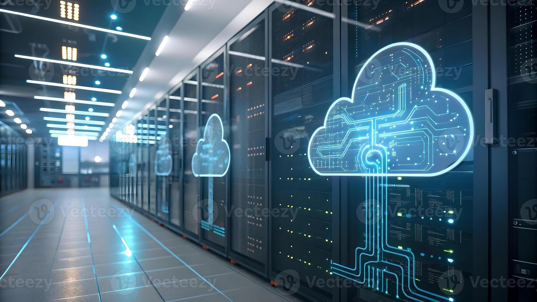 Modern data center with rows of servers and illuminated cloud icons symbolizing cloud computing technology and digital connectivity. photo