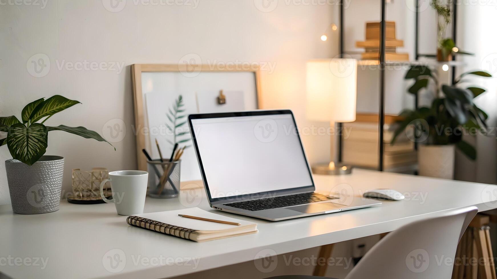 Modern home office setup with a sleek laptop, notebook, coffee mug, and green plants, creating a cozy and productive workspace. photo