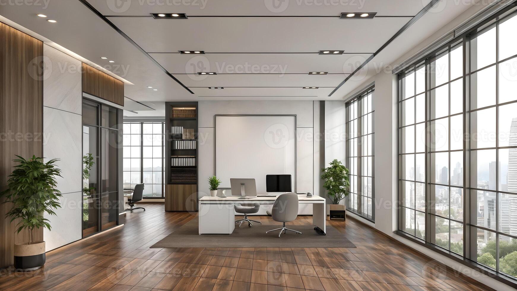Modern executive office with panoramic city view, featuring a sleek desk, ergonomic chair, large windows, and minimalist decor. photo