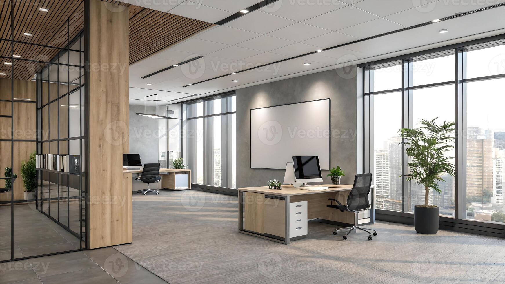 Modern office with sleek desks, ergonomic chairs, large windows offering city views, and a blend of natural wood and glass partitions creating a spacious and inviting work environment. photo