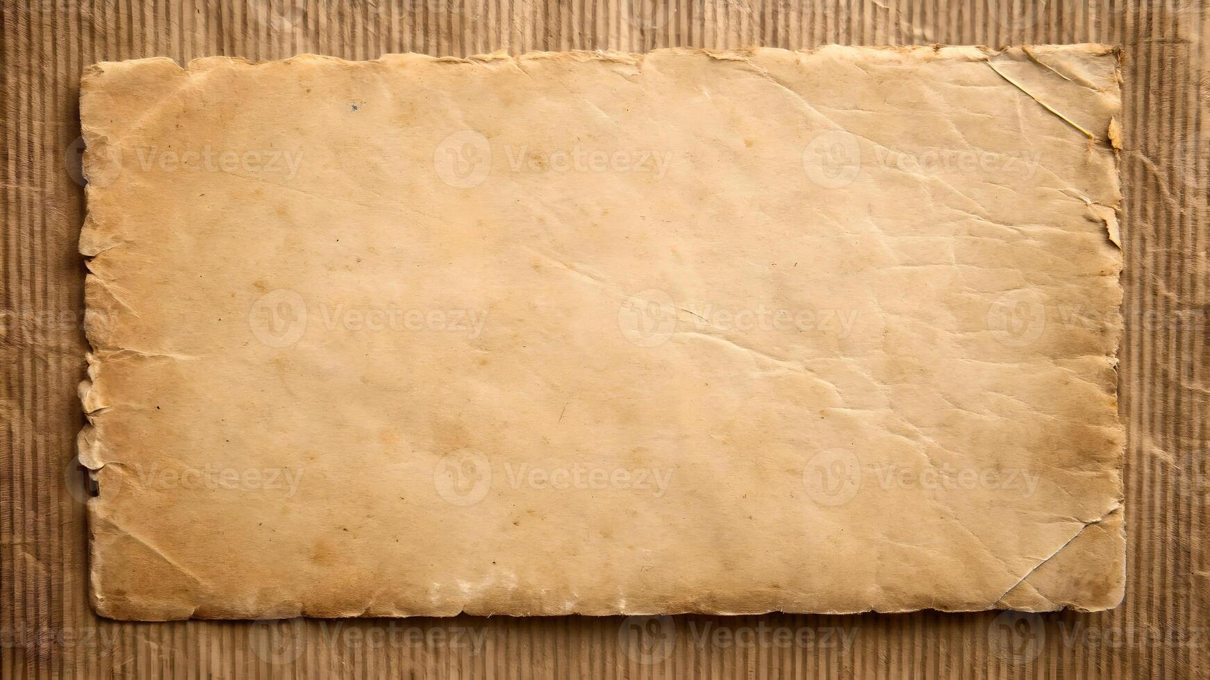 Aged, crumpled parchment paper with tattered edges laid on a textured cardboard background, evoking a sense of history and antiquity. photo