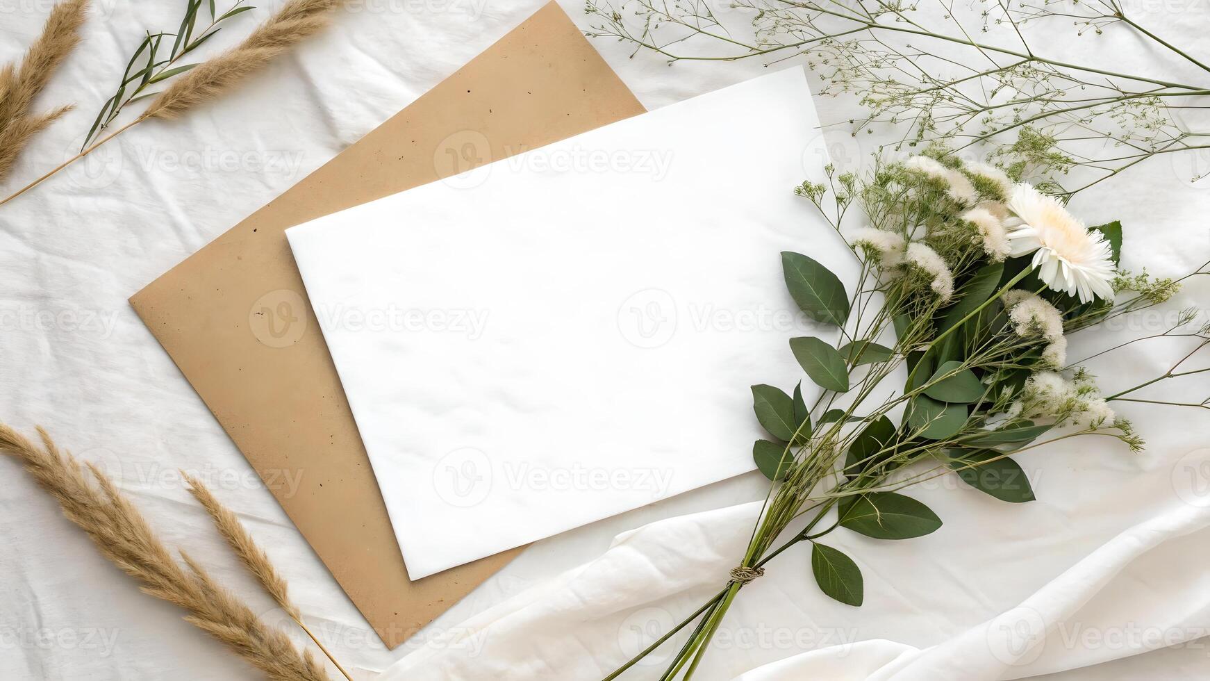 Blank white and brown envelopes with delicate flowers and greenery on a soft white fabric background, perfect for wedding invitations or elegant stationery designs. photo