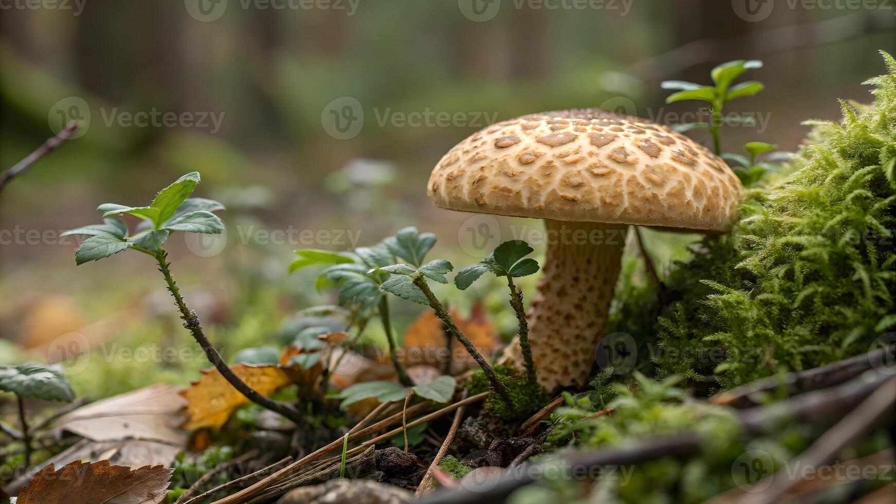 A close up of a delicate mushroom with gills in a forest, surrounded by moss and twigs, capturing the essence of natures intricate beauty. photo