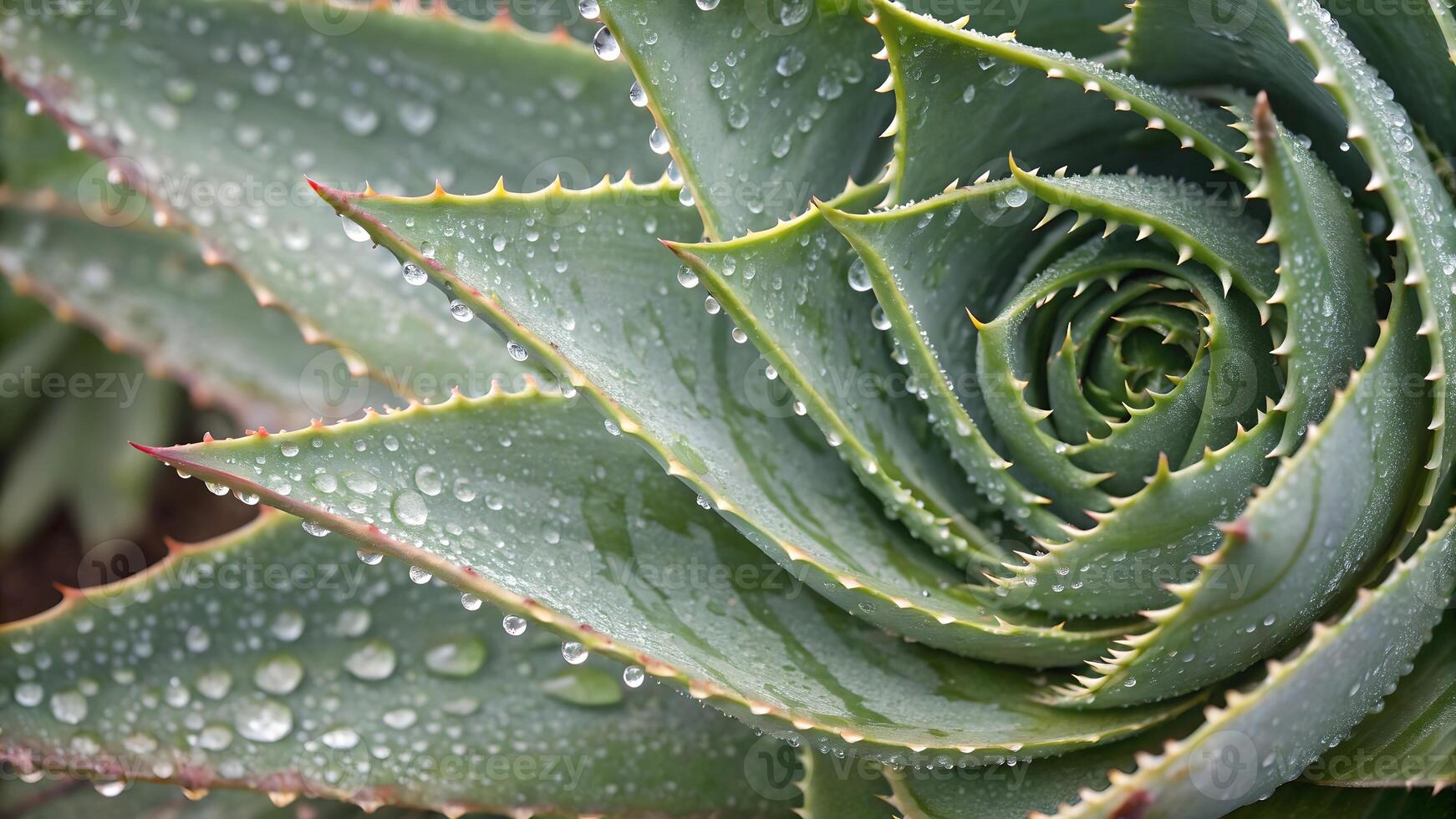 Close Up of Succulent Plant with Dew Drops, Highlighting Natural Beauty and Adaptation, Detailed Texture of Green Leaves, Water Droplets on Spiky Edges, Botanical Photography, Desert Flora, photo