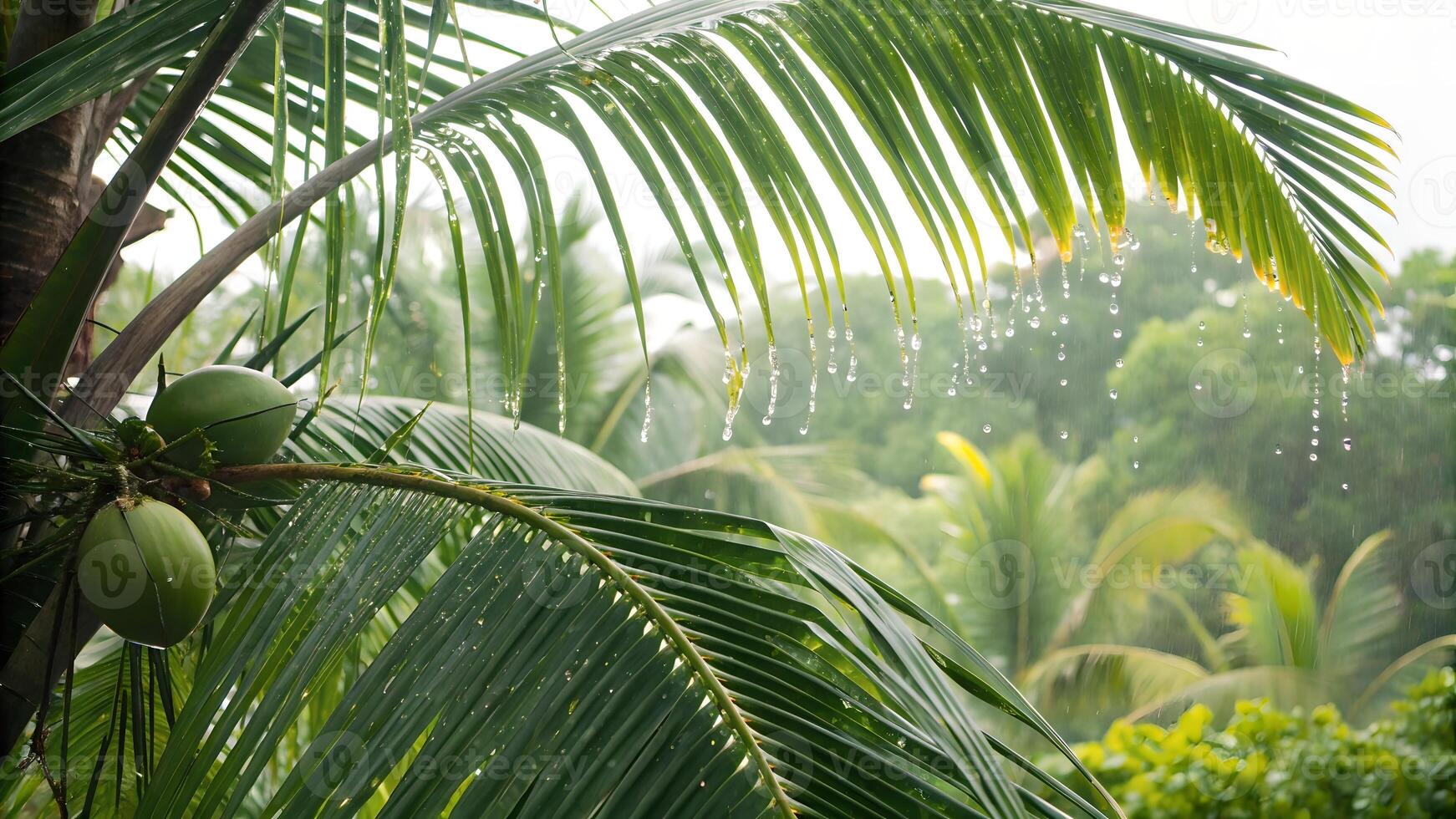Aerial Rainforest Scene with Palm Leaves, Highlighting Tropical Ecosystems, Lush Greenery and Water Droplets, Environmental Conservation, Biodiversity Protection, Climate Change Mitigation, photo
