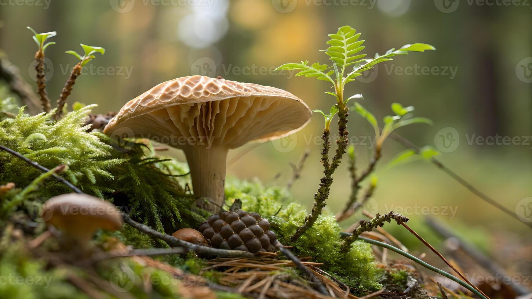 A large mushroom with a broad, beige cap and white gills grows from a mossy forest floor, surrounded by greenery and fallen leaves. photo