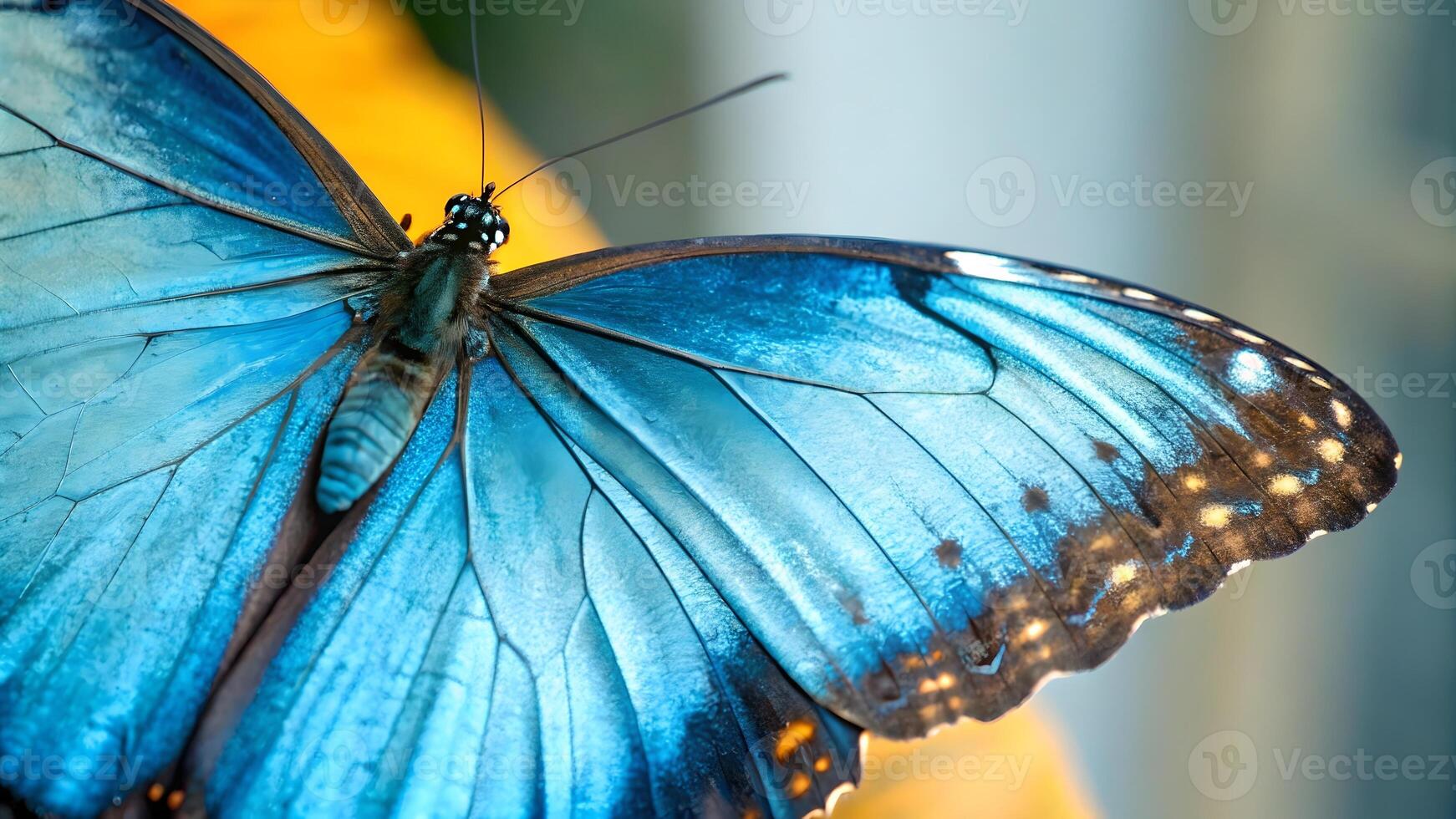 Close Up of Blue Morpho Butterfly on Tree Bark, Highlighting Vibrant Wings and Natural Habitat, Insect Photography, Wildlife Conservation, Ecosystem Balance, Biodiversity Importance, Natures Beauty, photo