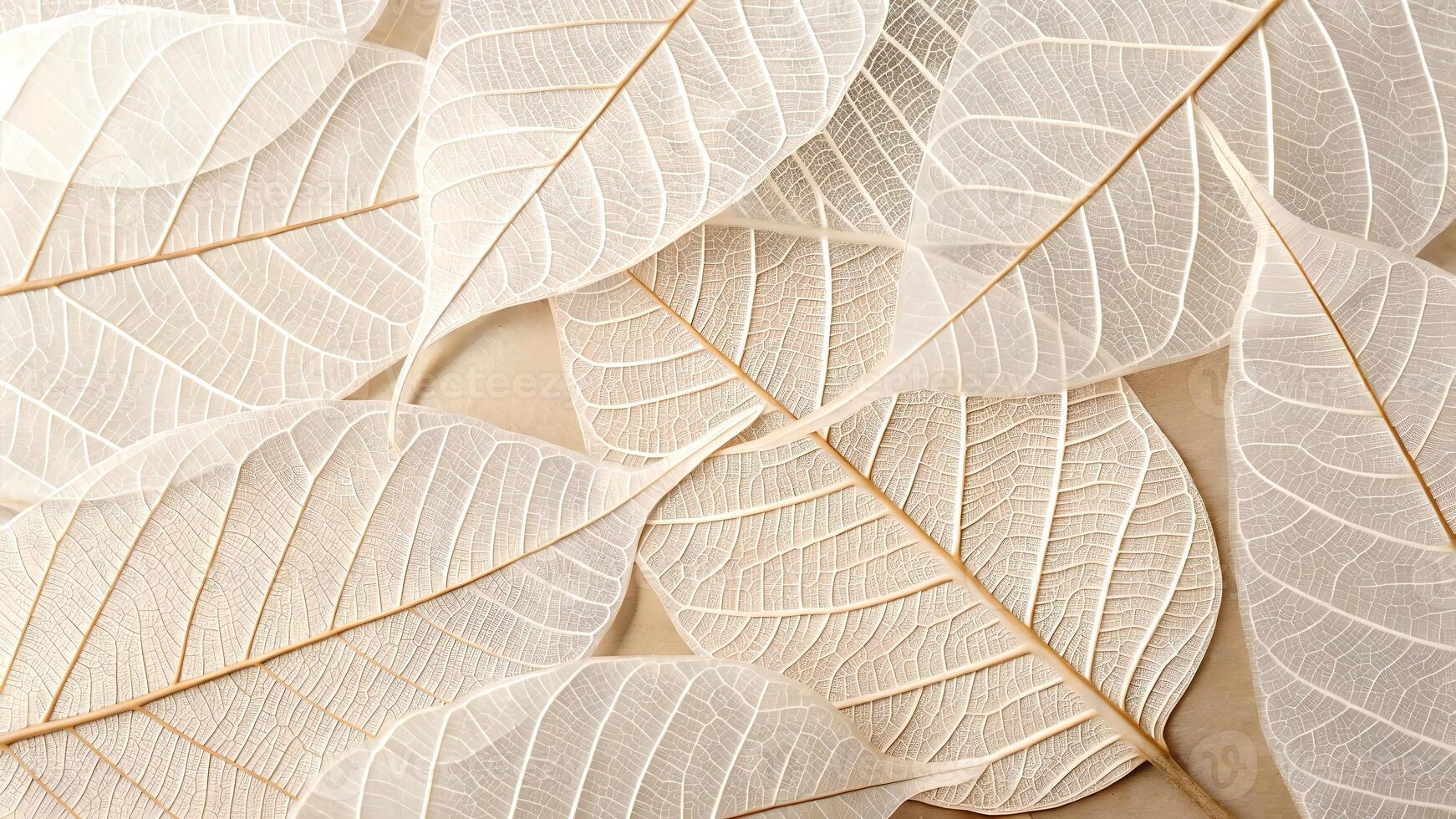 Intricately detailed, translucent white leaves overlap in a delicate arrangement, showcasing their fine vein structures on a soft, neutral background. photo