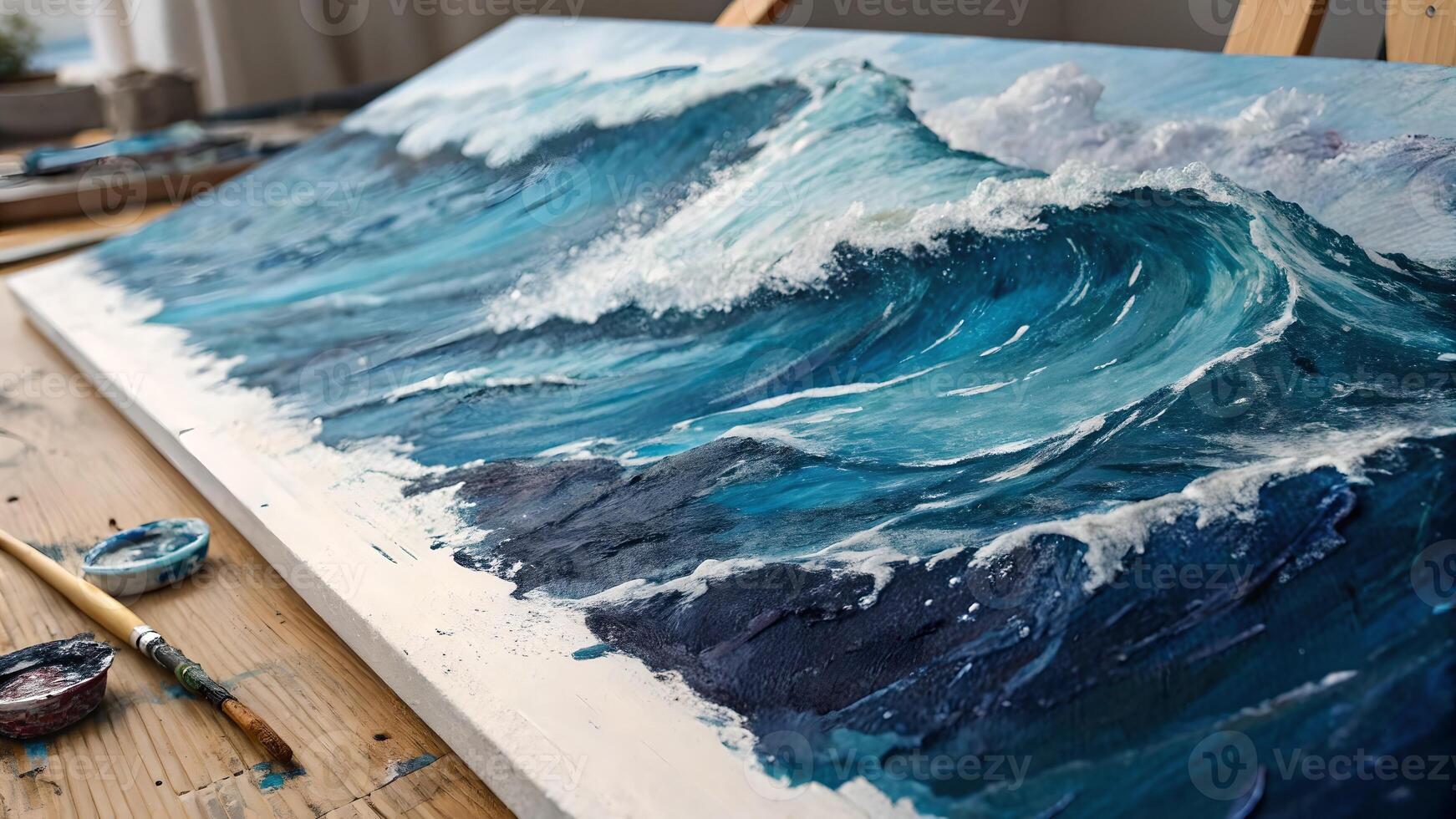 Aerial Painting of Ocean Waves, Artistic Canvas with Blue Sea and White Froth, Studio Scene with Brushes and Palette, Creative Process, Artist Workspace, Marine Life Inspiration, Watercolor photo