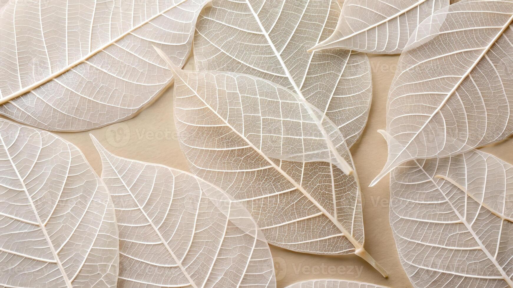 Delicate, translucent white leaves with intricate vein patterns scattered on a soft beige background, creating a serene and ethereal botanical composition. photo