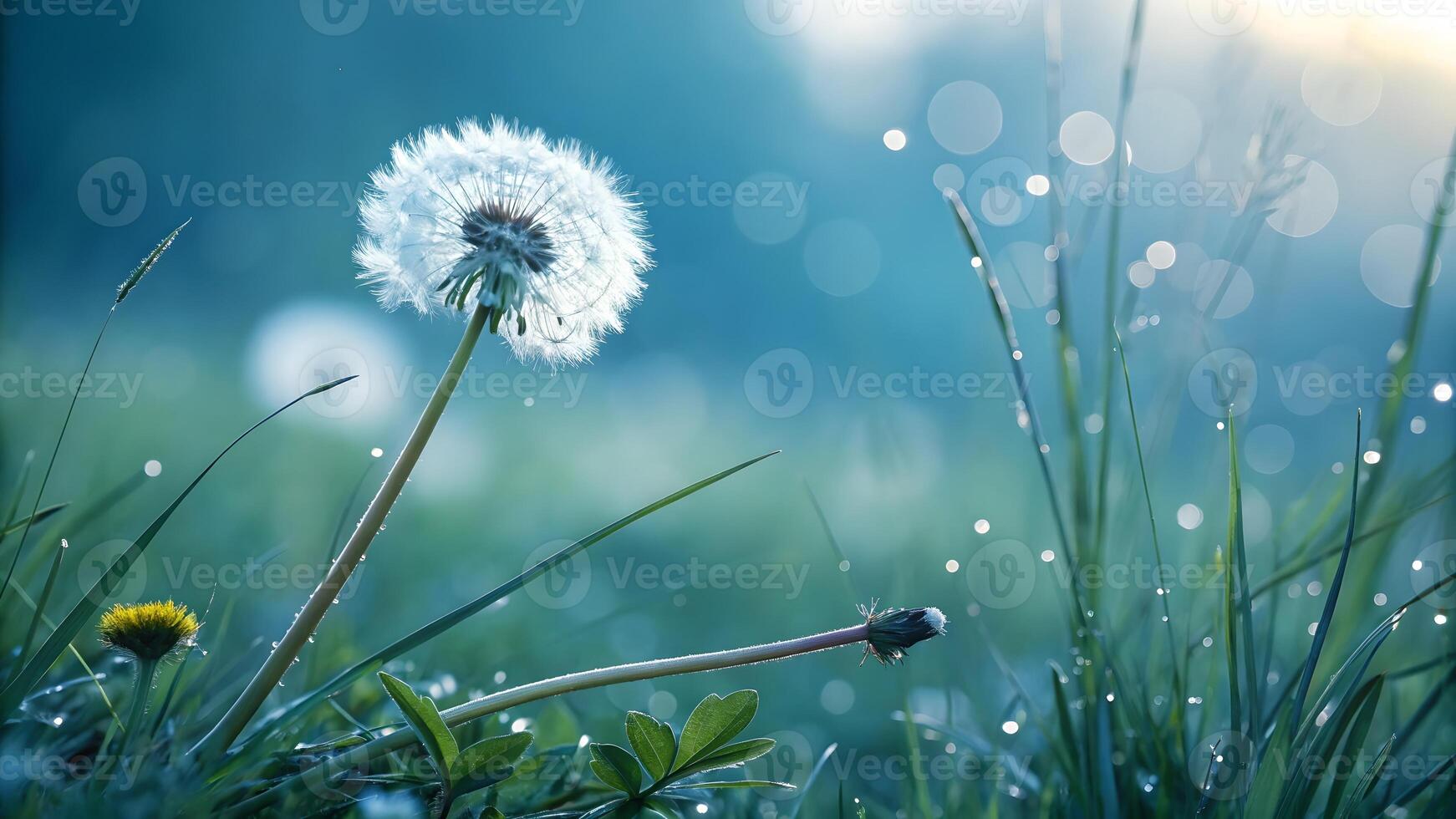 Dandelion clock in a dew covered meadow with soft morning light creating a serene and tranquil atmosphere, perfect for nature backgrounds. photo