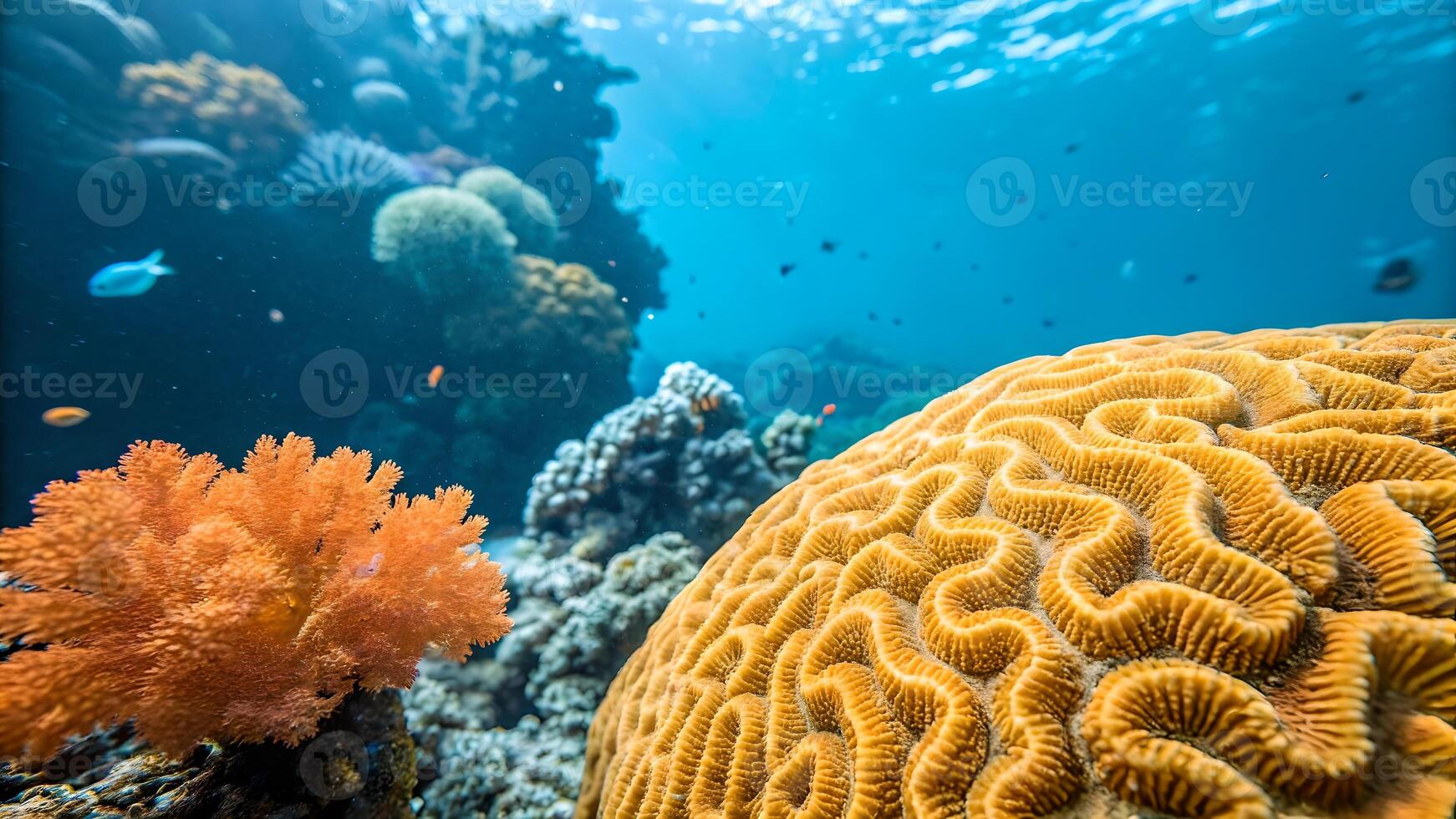 Underwater Scene of Vibrant Coral Reef, Highlighting Marine Life and Ocean Ecosystem, Diverse Aquatic Plants and Animals, Environmental Conservation, Climate Change Impact, Sustainable Sea Practices, photo