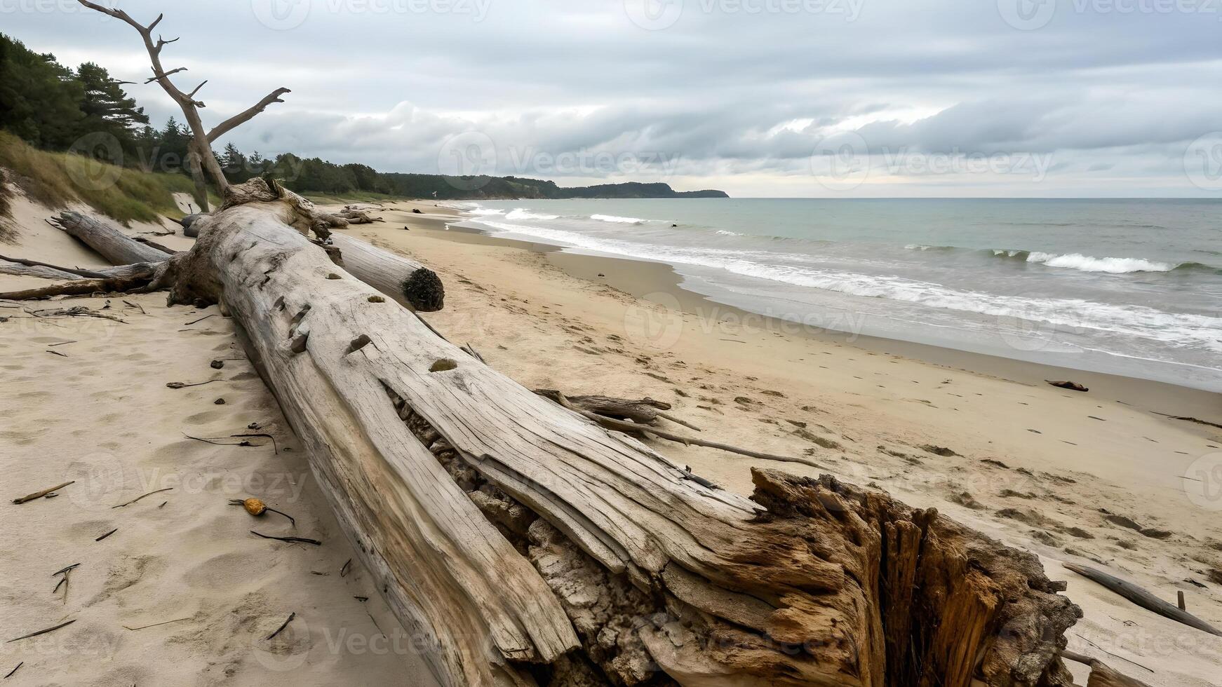 A serene beach scene with driftwood scattered along the sandy shore, gentle waves rolling in under a cloudy sky, and distant trees lining the horizon. photo