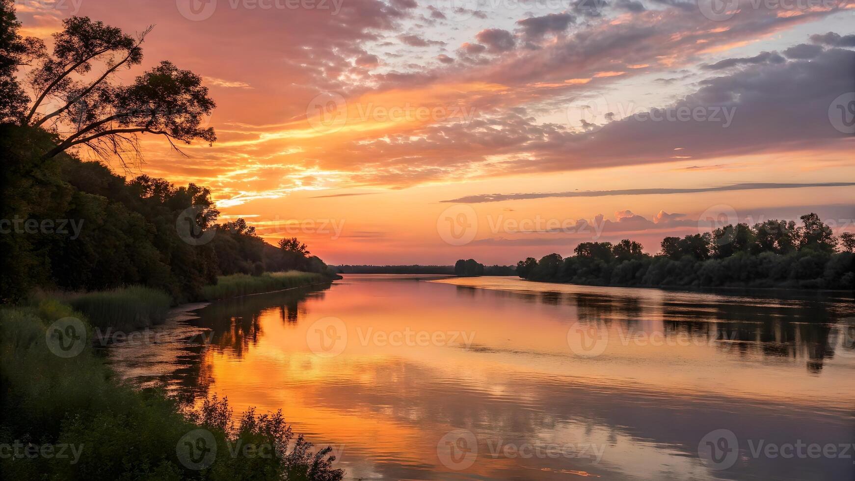 Serene sunset over a tranquil river, with vibrant orange and pink skies reflected in the water, surrounded by lush greenery and trees. photo