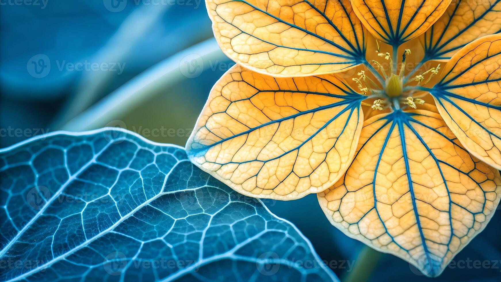A vibrant, autumn colored leaf with intricate vein patterns rests against a rough tree trunk, showcasing the beauty of natures transition. photo