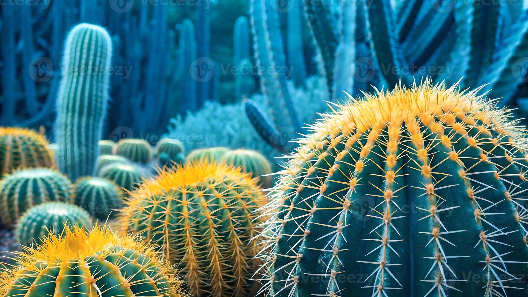 Vibrant cactus garden with golden spined barrel cacti and tall, slender varieties in a cool blue hue, creating a mesmerizing desert landscape. photo