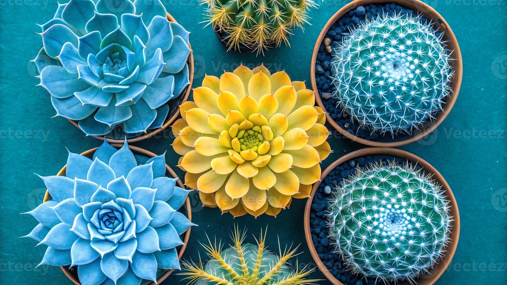 Vibrant array of succulents and cacti in various shades of blue, yellow, and green, arranged in small pots on a teal background. photo