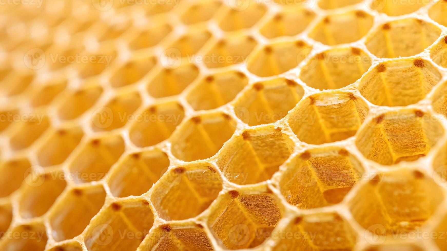 Golden honeycomb pattern, intricate hexagonal wax structure, natural bee hive close up, detailed and symmetrical design. photo