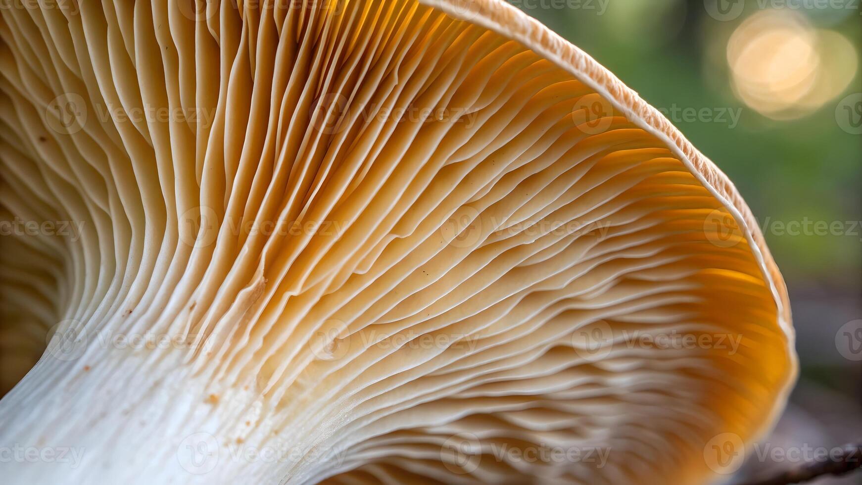 A close up of a vibrant mushroom with delicate gills and a sturdy stem, nestled in a lush forest bed of moss and twigs. photo