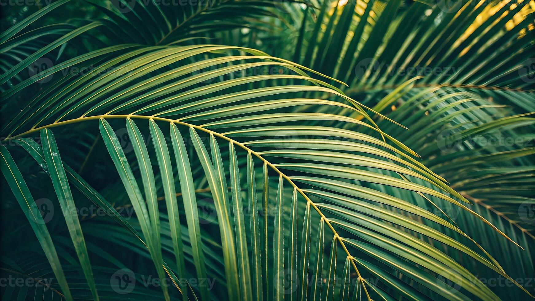 Aerial View of Lush Palm Leaves, Highlighting Tropical Rainforest Ecosystem, Close Up of Green Foliage, Natures Beauty, Environmental Conservation, Climate Change Mitigation, Sustainable Living, photo