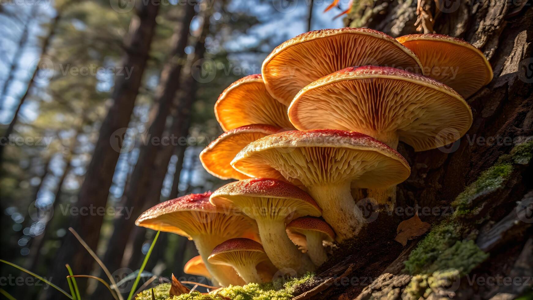 Mushrooms Growing on Tree Trunk in Forest, Close Up View of Fungi, Ecosystem Health Indicator, Natural Habitat, Biodiversity, Wildlife Conservation, Environmental Science, Sustainable Forestry, photo