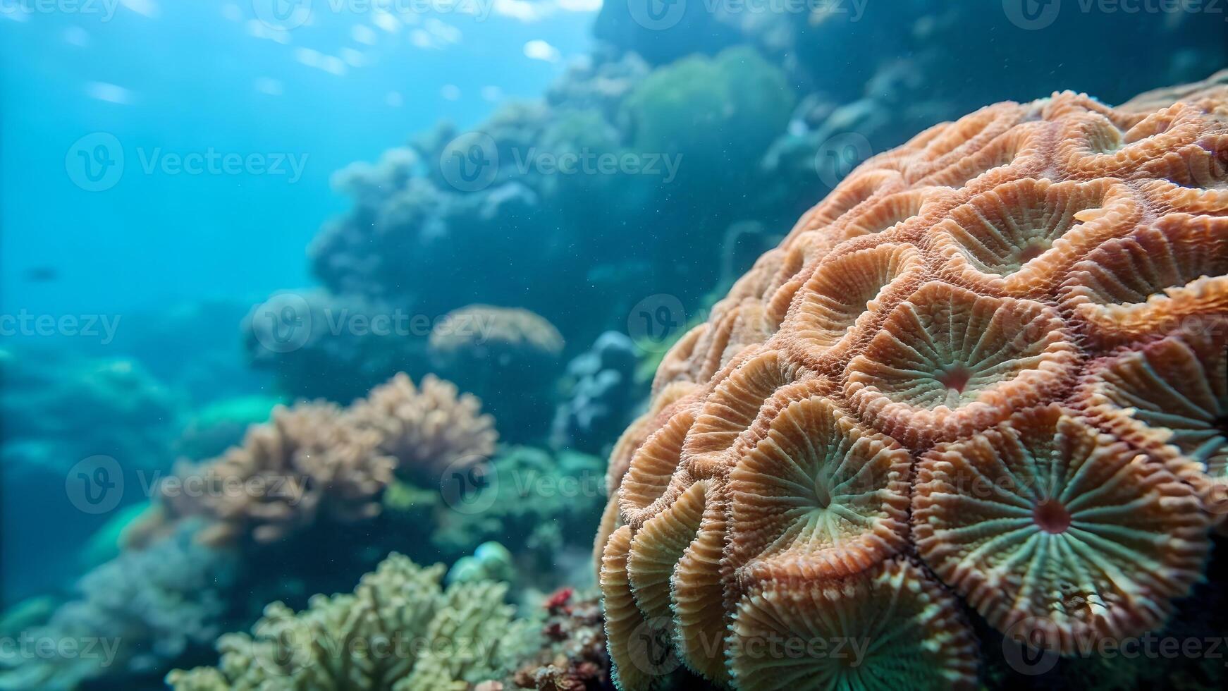 Vibrant underwater scene featuring intricate brain coral formations in a diverse, thriving coral reef ecosystem with clear blue water. photo