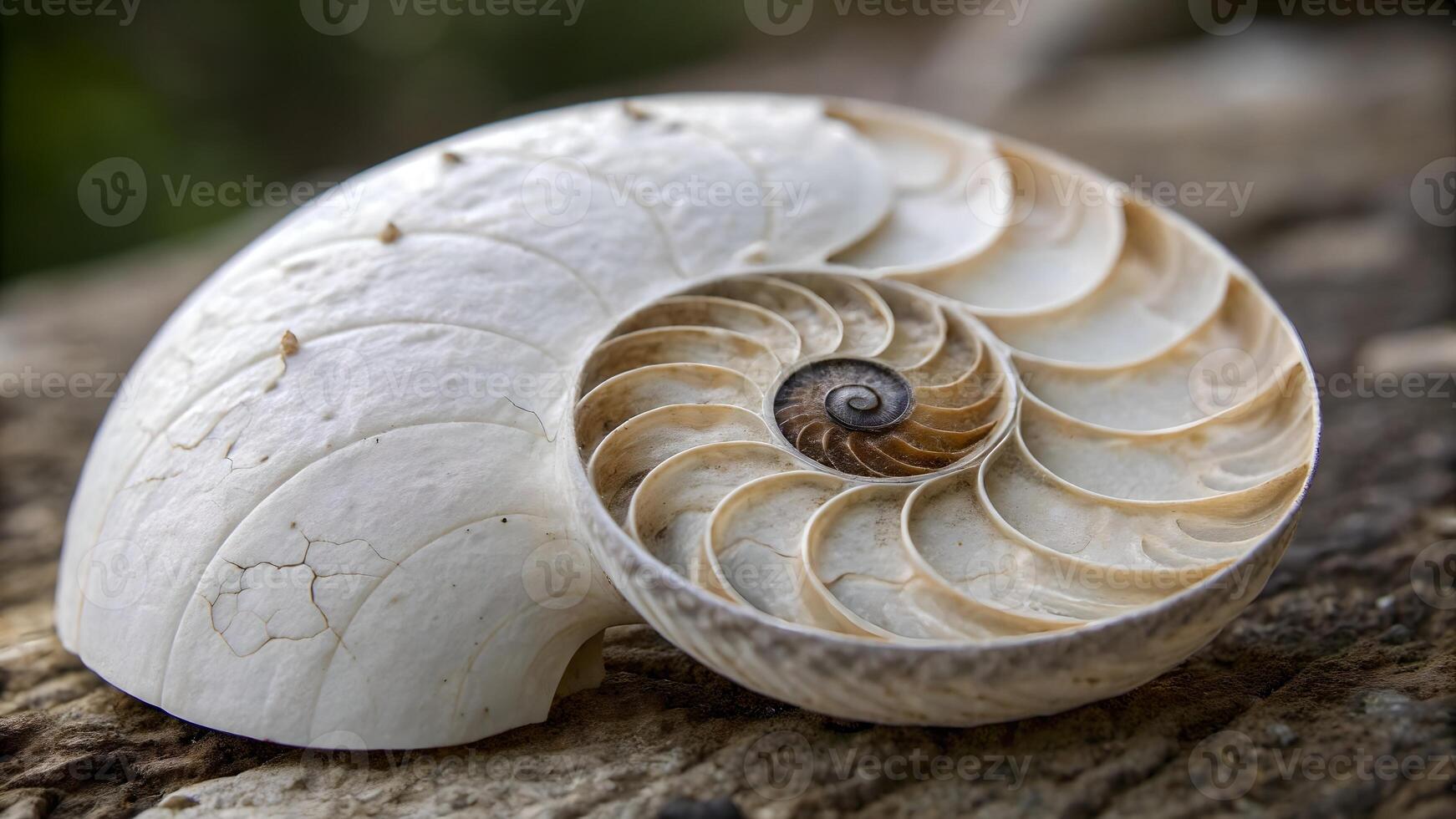 Intricately detailed nautilus shell showcasing the Fibonacci sequence in nature, resting on a textured wooden surface. photo