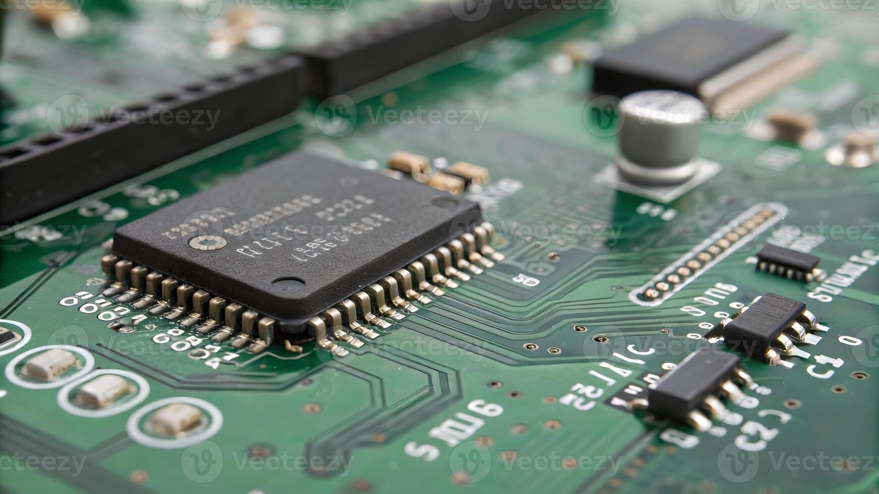 Close Up View of Circuit Board with Microchips, Highlighting Electronics Manufacturing, Technology Components, Semiconductor Industry, Innovation in Engineering, Computer Hardware Design, Electrical photo