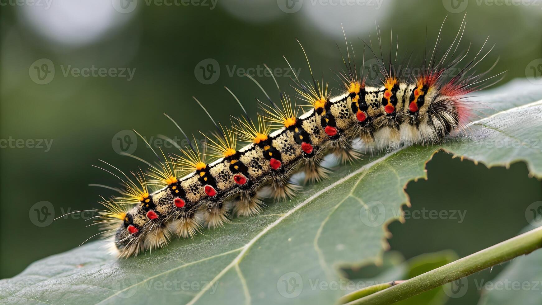 Close Up of Colorful Caterpillar on Green Leaf, Highlighting Natures Beauty and Diversity, Wildlife Photography, Insect Life Cycle, Ecosystem Balance, Biodiversity Conservation, Environmental photo