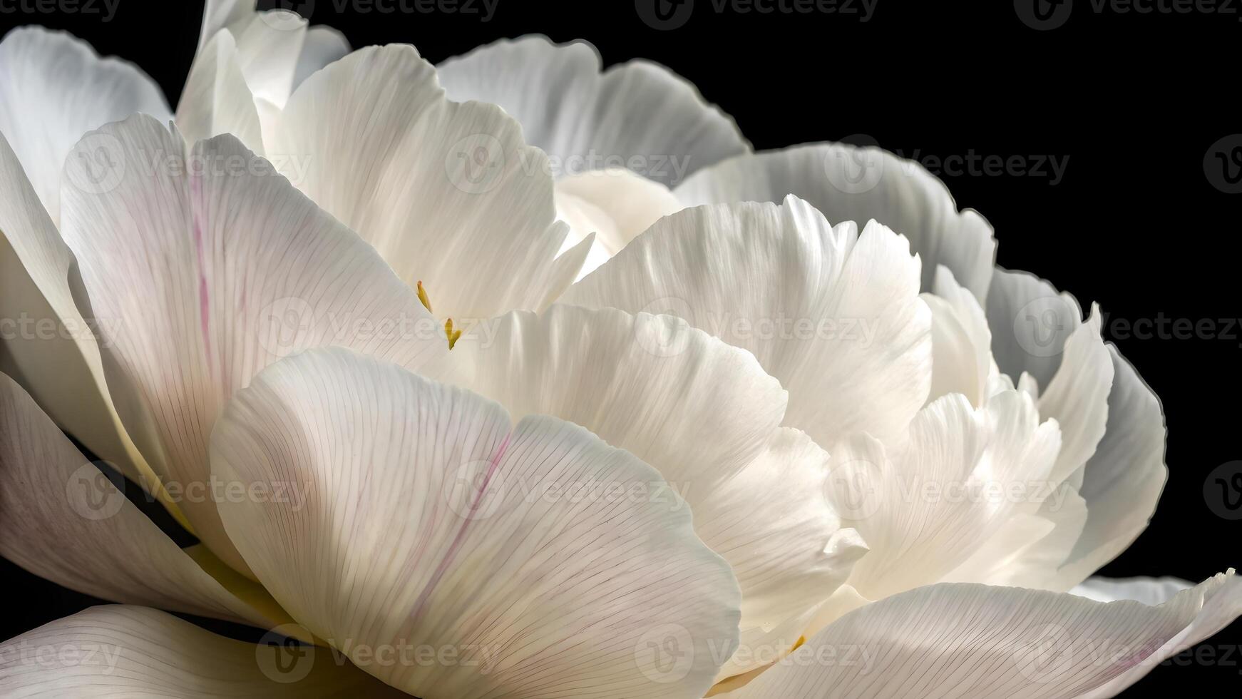 Close Up of White Peony Flower, Detailed Petals with Soft Light, Floral Beauty on Dark Background, Nature Photography, Botanical Art, Garden Plants, Spring Bloom, Fragrance, Wedding Decor, Floral photo