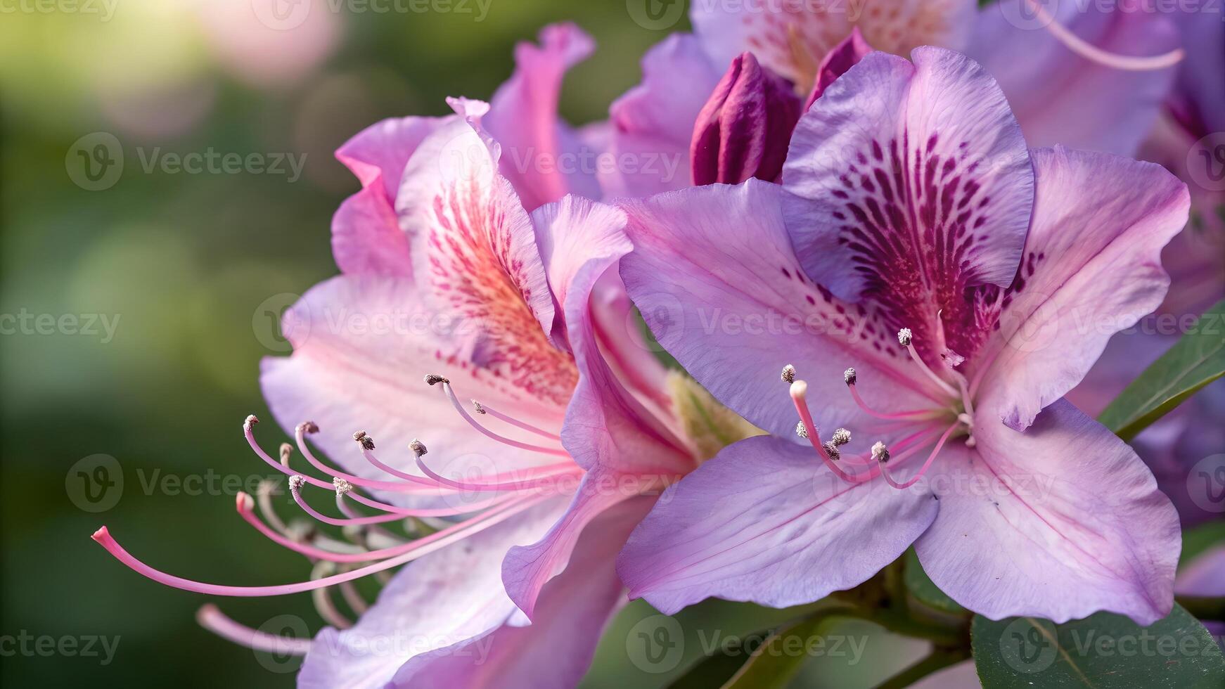 Aerial View of Purple Rhododendron Flowers, Highlighting Floral Beauty and Botanical Diversity, Landscape with Vibrant Petals and Green Leaves, Garden Photography, Nature Aesthetics, Floral Design photo