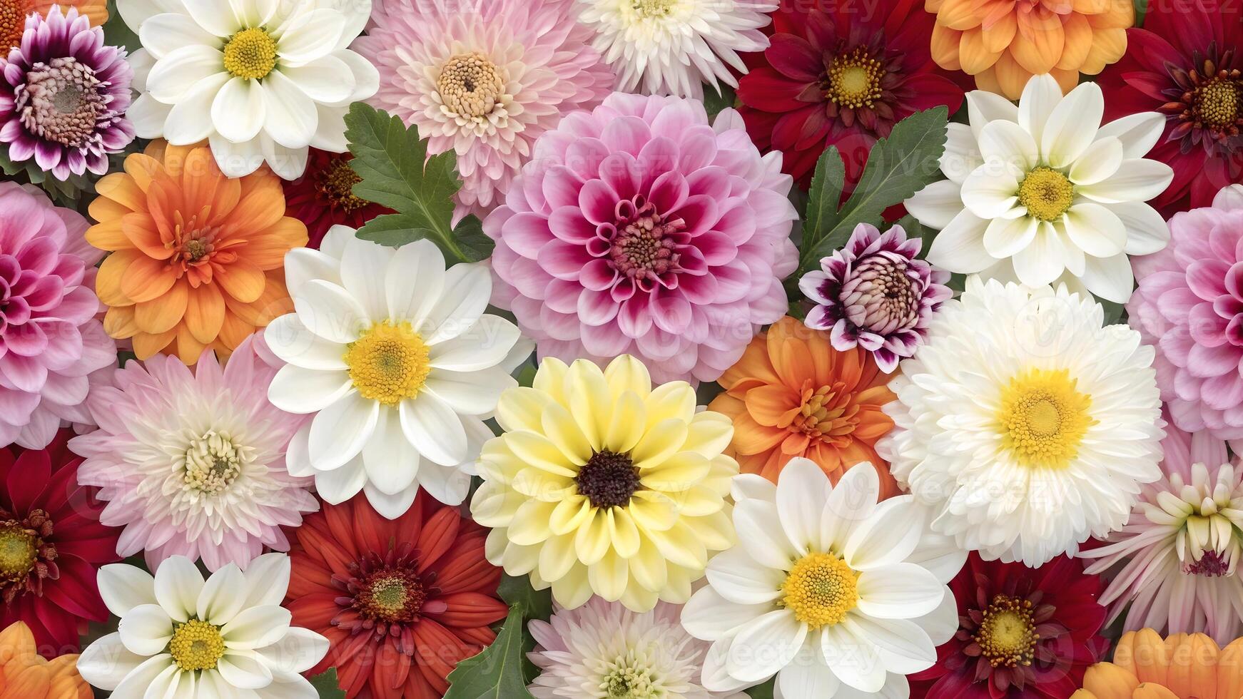 A vibrant array of dahlia flowers in a spectrum of colors including white, pink, orange, and red, creating a lush and colorful floral background. photo