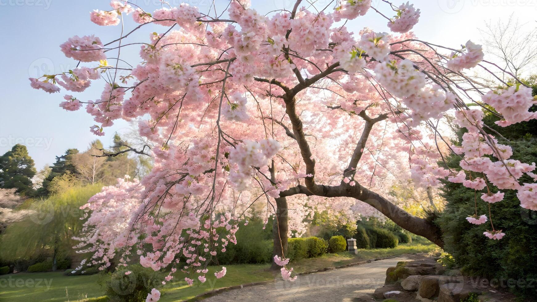 A serene garden path winds beneath a majestic cherry blossom tree in full bloom, its branches heavy with soft pink flowers that cascade like a gentle waterfall. photo