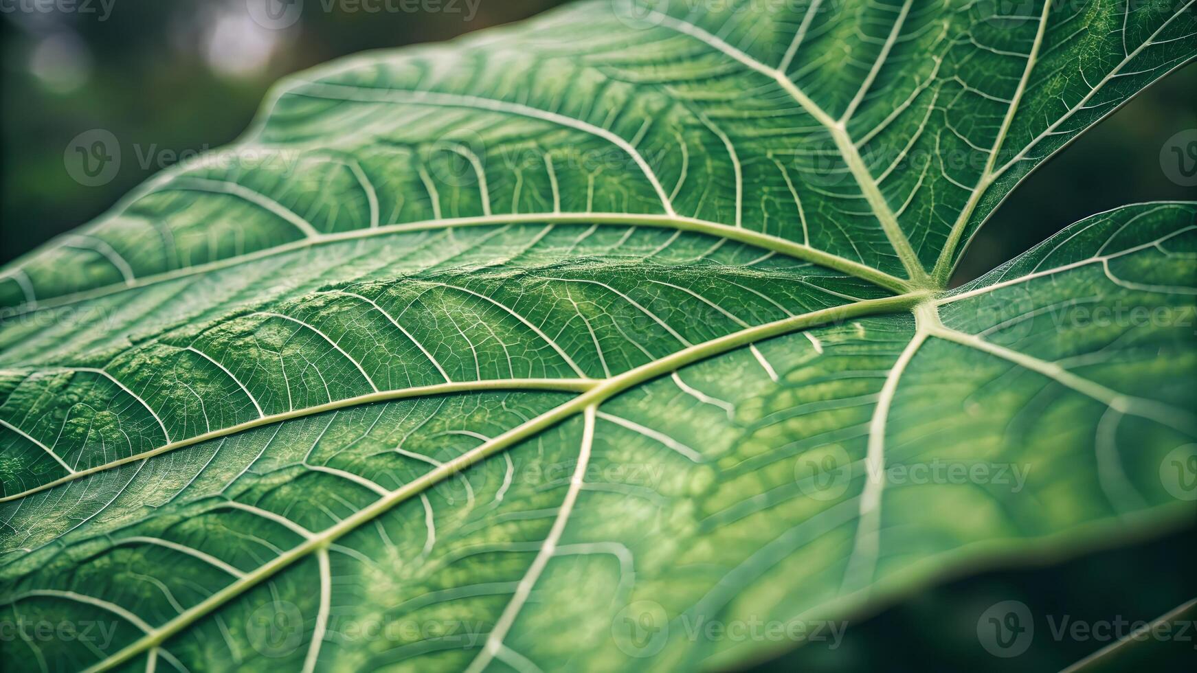 Vibrant green leaf with intricate vein patterns glistening with fresh, dew droplets against a soft, blurred natural background. photo